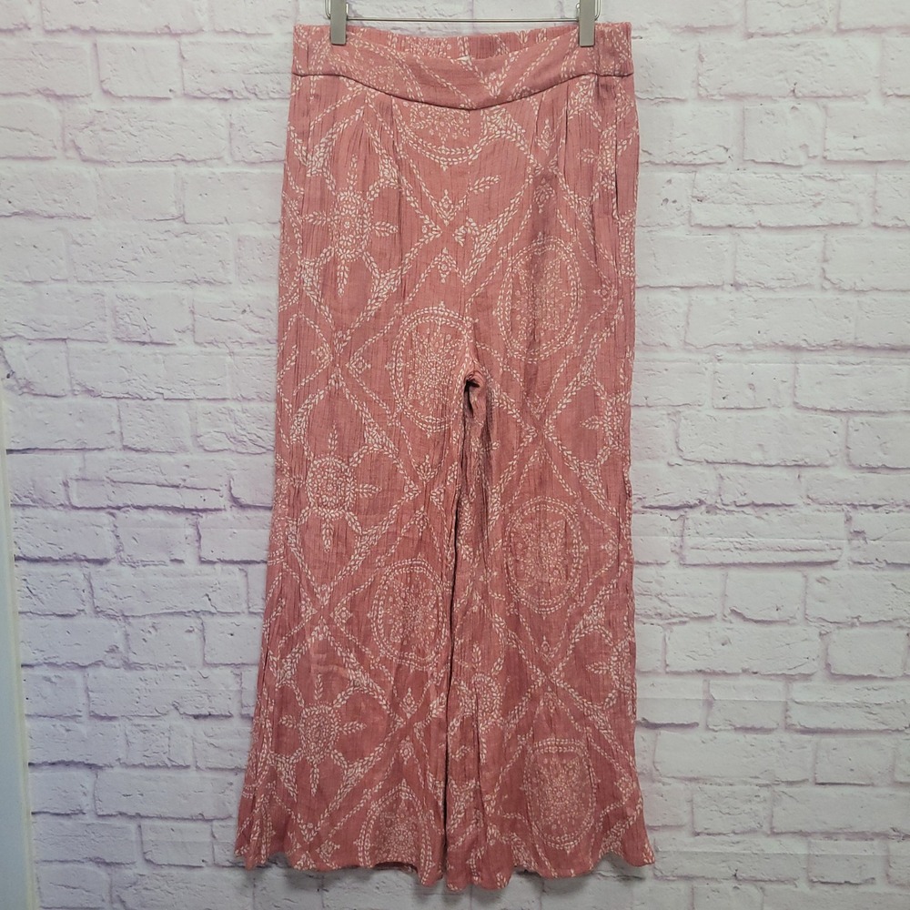 Wonderly Pink Medallion Wide Leg Pants L Elastic Waist Boho Hippie Flowy Prairie